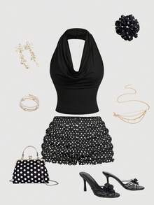 SHEIN MOD Quần short chấm bi đen trắng thường ngày mùa hè đa năng cho nữ, quần short dễ thương, quần short xếp nếp màu đen, quần short chấm bi, quần short chấm bi, quần short thu/đông, phong cách năm mới, phong cách phương Tây - Đen và trắng - Xem 3