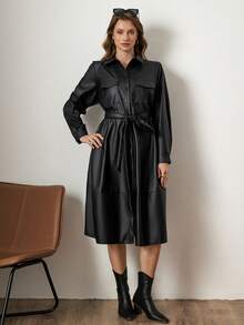 Zelara Christmas Plus Size Solid Color PU Leather Waist Tie Elegant Long Sleeve Dress  Black Dress Black Dresses For Women  Elegant Dress Women Elegant Dresses For Women New Year Look Clothes For New Year New Year Clothes Winter Dress Women Maija Fall Winter 2025 Women Maija 2025 Winter Clothes For Women Women's Winter Coat Black Dresses For Women Black Dress Winter Dresses For Women