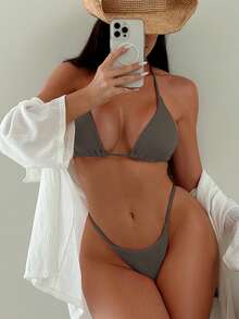 Swim Vcay 2026 Spring/Summer Women's Vacation Special Fabric Spaghetti Strap Halter Gray Sexy Thong Bikini Two Pieces Swimsuit - Chocolate Brown - View 3