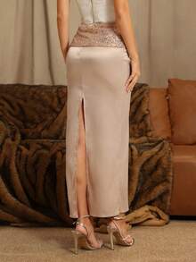 SHEIN Unity Chân váy xẻ tà bằng vải satin đính sequin lấp lánh dành cho nữ, thích hợp mặc dự tiệc vào mùa thu/đông - Rượu sâm banh - Xem 2