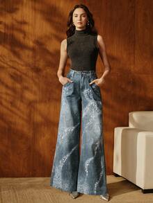 Anewsta Celana Jeans Model Flare dengan Motif Rhinestone Imitasi dan Pita untuk Komuter yang Modis - Biru - View 4