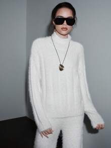 Lumivelle 女式杏色纹理仿皮草柔软休闲百搭时尚针织套头衫 - 杏色 - 查看 5