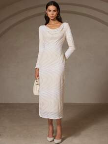 BELROSIE Elegantes Herbstkleid mit Pailletten, schmalsitzend, mit drapiertem Ausschnitt und Langarm, britischer Stil - Aprikosenfarben - Übersicht 5