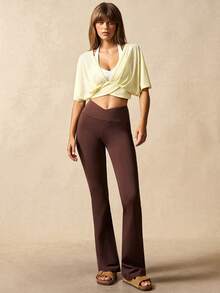 VARSIVA Áo thun thể thao ngắn tay dáng lửng cổ chữ V sâu họa tiết cánh dơi màu trơn dành cho nữ - Màu vàng - Xem 8