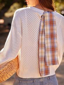 WESTFADE Crewneck Open Knit Long Sleeve Plaid Bow Tie Back Pullover Sweater Autumn, Winter, Cute , Boho, Casual, Western Wear, Country, Holiday, Thanksgiving - Multicolor - View 6