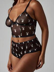 Missguided x Playboy Ensemble de soutien-gorge et culotte en maille avec imprimé lapin, collection de lingerie transparente