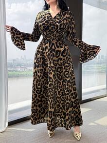 Feyla 女士豹纹V领长袖连衣裙，休闲日常穿着 - 彩色 - 查看 4