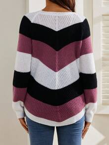 孕妇条纹圆领插肩袖休闲毛衣，秋冬款 - 彩色 - 查看 2