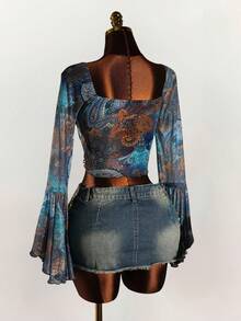 Amplova Vintage Graphic Print Low-Cut Waist Flared Sleeve Plus Size Women Top - Multicolor - View 7