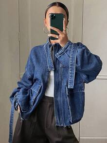 Livesso 女士休闲时尚街头宽松落肩拉链牛仔夹克，带翻盖口袋，秋季 - 藍色 - 查看 3