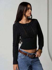 SHEIN TRNDY 1pc Women's Black Pullover Sweater, Minimalist & Versatile, Round Neck, Waist Cinched, Long Sleeve, Knitted, Casual, Autumn/Winter - Black - View 5