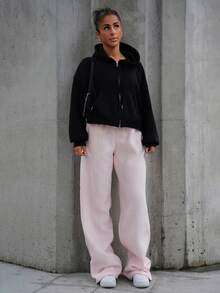 SAYEHFBABY Calça de moletom oversized de lã, primavera, férias, aeroporto, casual, anos 90, verão, aeroporto, formatura, volta às aulas, formatura, professora para mulheres, volta às aulas, outono, inverno, natal - Rosa - Ver 1