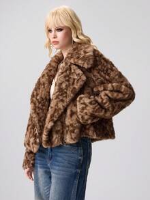 ROMWE EDITION Chaqueta de manga larga holgada con estampado de leopardo y piel sintética para mujer - Café integral - Ver 5