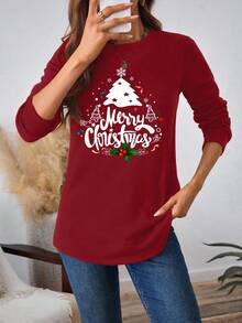 SHEIN LUNE 圣诞休闲红色圣诞树和字母印花圆领厚款卫衣，适合秋冬季、圣诞节、派对、圣诞驯鹿、圣诞聚会、圣诞派对、家庭聚会、情侣、姐妹 - 紅色 - 查看 4
