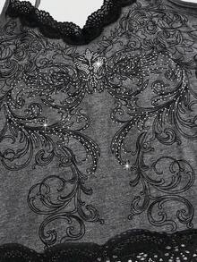 ROMWE Fairycore Women's Rhinestone Floral Pattern Contrast Lace Camisole - Grey - View 2