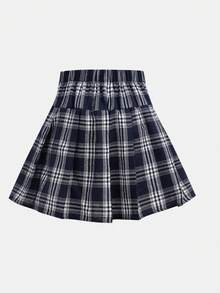 SHEIN Girlism 少女秋季校园风格校园服装，黑色立领针织毛衣长袖 T 恤和蓝白格子百褶裙两件套 - 藍色 - 查看 8