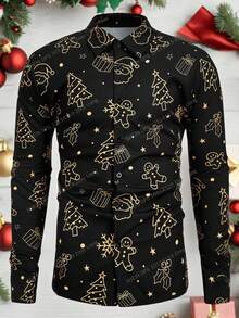 Manfinity VCAY Men's Long Sleeve Gingerbread Man All-Over Print Button-Front Casual Christmas Shirt Treaty Oak Revival - Black - View 9