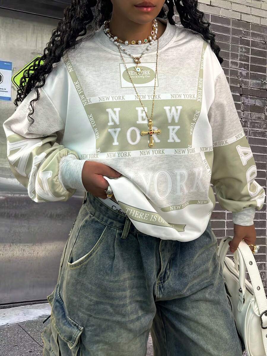 Rovax 女式休闲字母印花宽松圆领长袖运动衫，秋季 - 彩色 - 查看 1