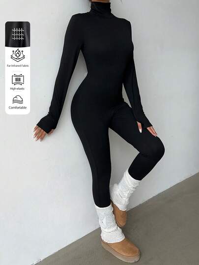 FavEase 黑色针织超弹面料高领拇指孔长袖全长女式连体裤，休闲运动瑜伽服，适合日常穿着，秋冬