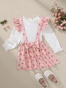 Souflis Souflis French Retro Autumn/Winter Basic White Long Sleeve T-Shirt Paired With Cute Cherry Print Suspender Skirt, Suitable For Outings, School, Play And Various Occasions, Baby/Toddler Girl Set - Multicolor - View 3