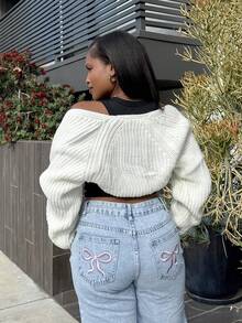 Tyla Gomez Balletcore Ribbed Knit Raglan Sleeve Shrug Crop Cardigan Without Cami Top,Knitted Sweater In Fall/Winter - White - View 2