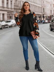 EMERY ROSE Plus Size Women Vintage Floral Print Sweatshirt, Suitable For ,Spring - Multicolor - View 6