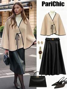 Chiquease Women's Tie Front Woolen Cloak Jacket, Waist Cinched, Fashion & Versatile - Khaki - View 7