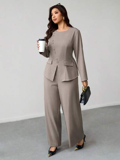 Firerie Plus Size Women Solid Color Round Neck Long Sleeve Single-Breasted Shirt And Wide Leg Pants Casual 2 Pieces Set