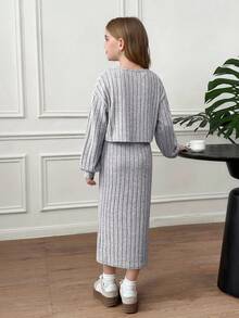 SHEIN Serisse Kids 青少年女孩休闲时尚法式优雅罗纹 V 领长袖修身开衫夹克搭配修身长裙套装，适合周末、休闲外出、返校 - 灰色 - 查看 6