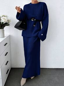 EURMUSE Plus Women Solid Color Chunky Sweater & Sweater Skirt Set - Navy Blue - View 5