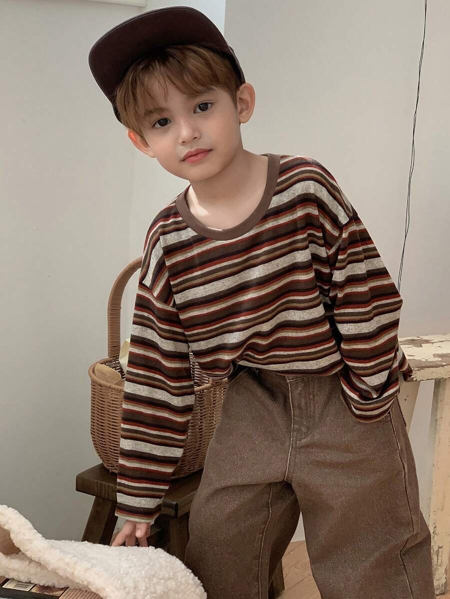 DAZY Toddler Boys' Casual Loose Fit Striped T-Shirt, Japanese Style For Autumn - Brown - View 1