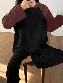 DAZY 2pcs Women Contrast Color Raglan Sleeve Loose Long Sleeve Top And Long Pants Pajama Set - Burgundy - View 6