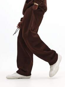 SUMWON Drop Crotch Sweatpants With Seaming Detail Relaxed Fit Casual Drawstring Pants Lounge Comfort Wear Fall Winter Plain - Brown - View 4