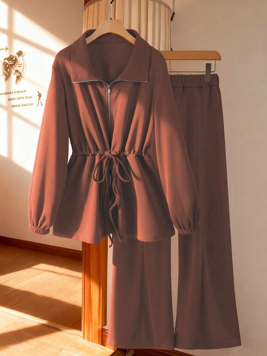 Qadelle Women's Basic High Collar Cinched Waist Zip-Up Casual 2 Pieces Set - Rust Brown - View 1