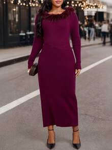 EMERY ROSE 大码女式纯色拼接毛绒圆领长袖修身优雅针织连衣裙，秋冬 - 酒紅色 - 查看 4