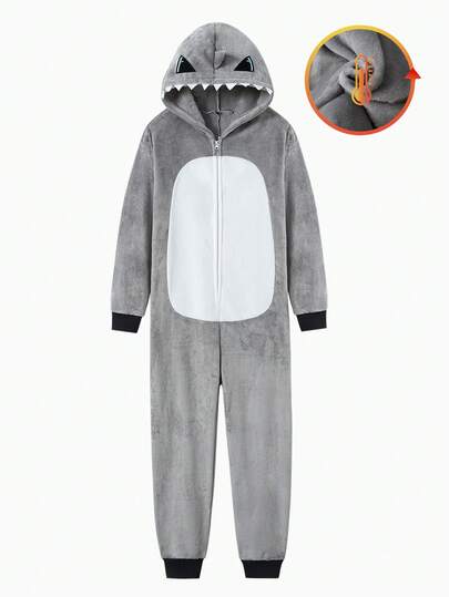 男士鲨鱼毛绒连帽连体睡衣，冬季款