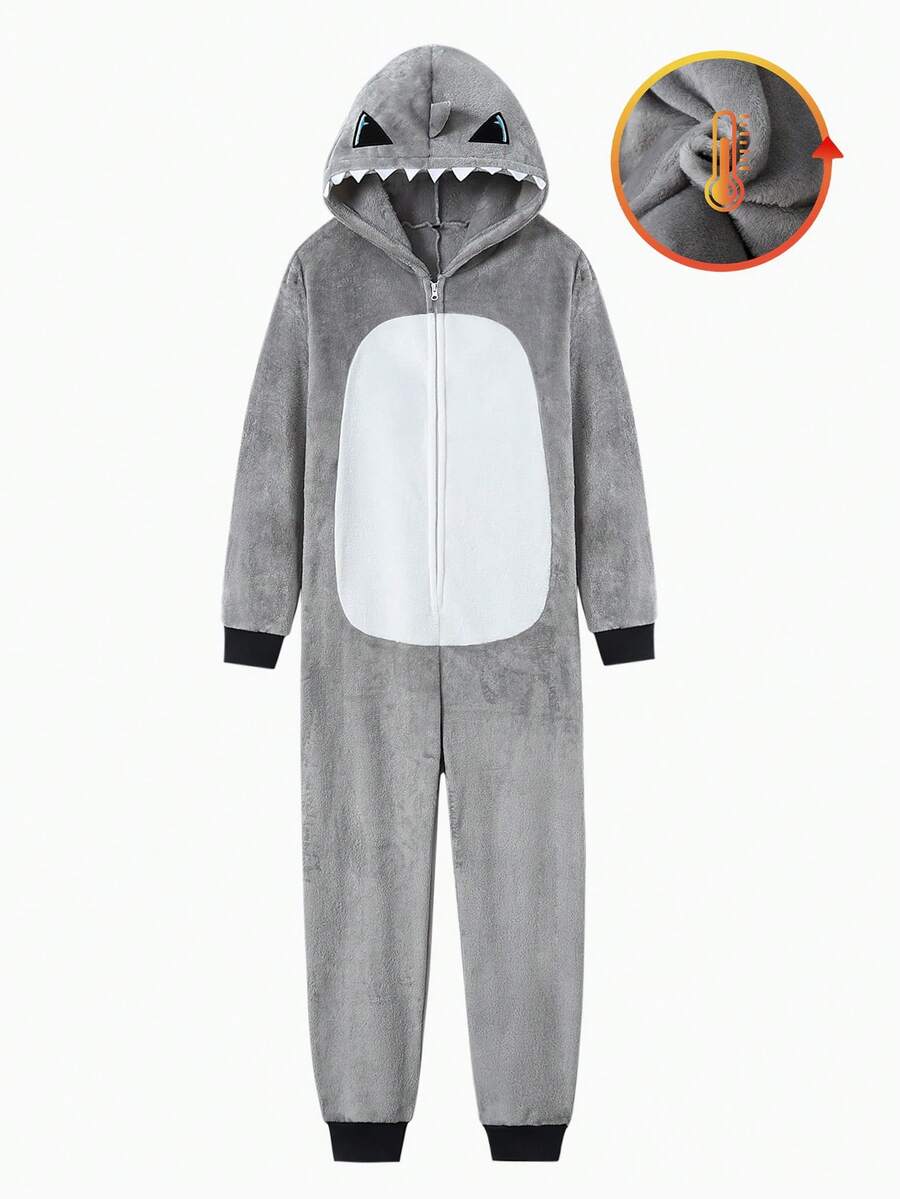 男士鲨鱼毛绒连帽连体睡衣，冬季款