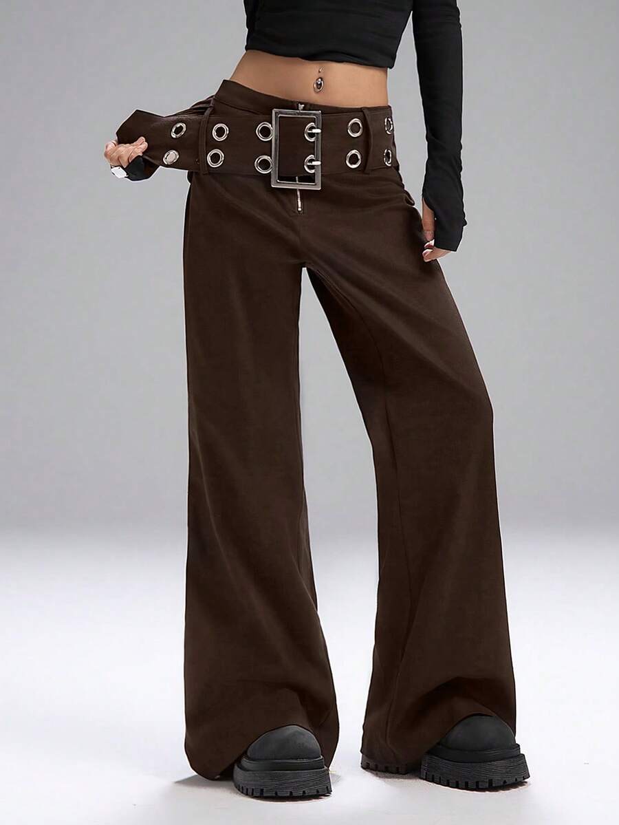 LYSMO 女士时尚系带阔腿裤，适合通勤 - 咖啡棕 - 查看 1