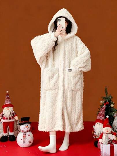 Joivida 女士纯色羊毛提花休闲睡袍，秋冬保暖内衬连帽宽松长袖法兰绒浴袍带口袋，睡衣，适合秋冬