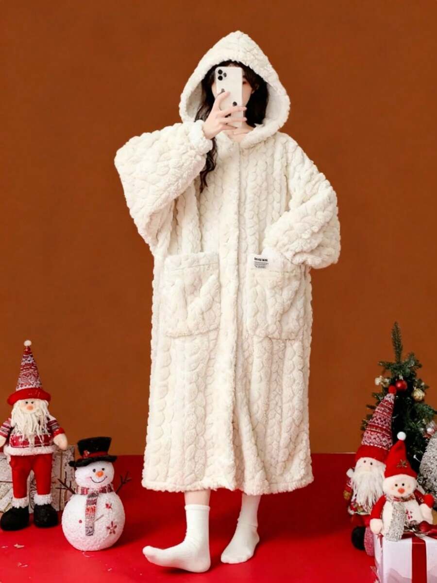 Joivida Women's Solid Color Wool Jacquard Casual Robe, Autumn/Winter Warm Thermal Lined Hooded Loose Long Sleeve Flannel Bathrobe With Pockets, Sleepwear, For Fall Winter - Beige - View 1