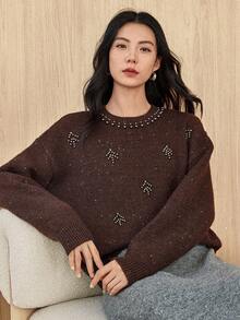 Dazy-Less Women's Loose Business Casual Crew Neck Beaded Knit Sweater, Brown, Suitable For Autumn And Winter