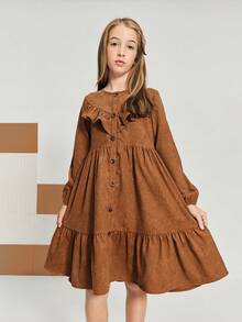 SHEIN Tween Girl Corduroy Dress,Shades Of Brown,Autumn,Elegant,Matching Family Mandarin Collar Ruffle Trim Button Waist Cinched Long Sleeve Thanksgiving - Brown - View 8
