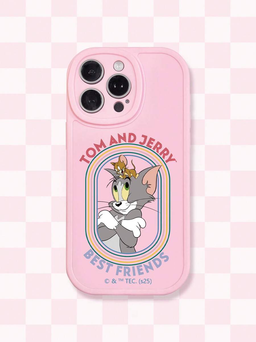 TOM & JERRY X SHEIN Étui de téléphone rose antichoc protégeant l'appareil photo, avec l'impression classique du dessin animé "Le Chat et la Souris" et le texte "MEILLEURS AMIS", dans un style mignon et doux. Compatible avec iPhone et Galaxy, idéal pour les amateurs de dessins animés classiques, les adolescents et les filles. Parfait pour une utilisation quotidienne et comme cadeau. Étui de téléphone compatible avec iPhone 17 /Air / 17 Pro / 17 Pro Max, coque compatible avec iPhone et Galaxy - Rose bonbon - Voir 1