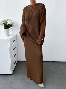 EURMUSE Plus 女士纯色厚实毛衣和毛衣裙套装 - 棕色 - 查看 6