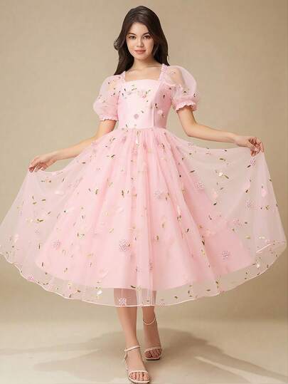 少女 3D 花卉网眼泡泡袖公主裙，优雅大方，适合婚礼、生日派对、宴会