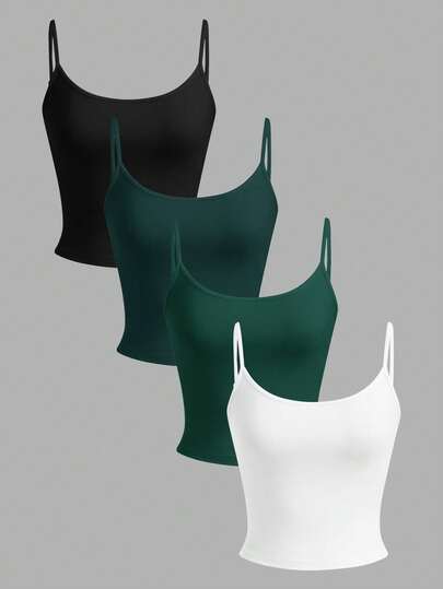 SHEIN EZwear 4pcs Women's Black, White, Green Cropped Casual Camisole Tank Tops