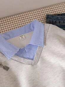 Teen Girl Casual Pullover Sweatshirt, Versatile For School & Commute, 2 In 1 Sweatshirt With Shirt Collar, Numeric & Letter, Leopard Print Pattern, Loose Fit - Light Grey - View 4