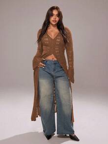 Rustia Áo khoác cardigan dài thường ngày, áo len cardigan khoét lỗ, áo khoác cardigan dài tay chuông, mùa tựu trường - màu nâu - Xem 1