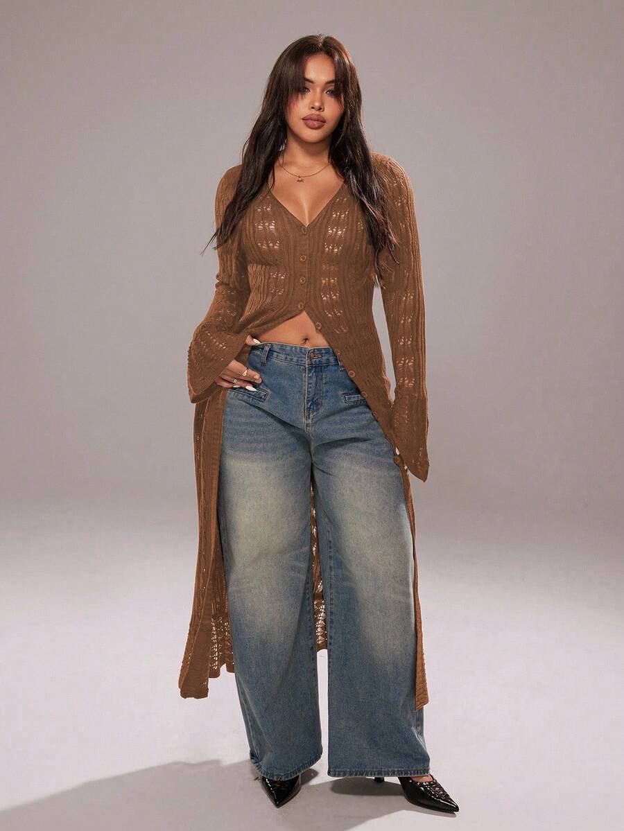 Rustia Áo khoác cardigan dài thường ngày, áo len cardigan khoét lỗ, áo khoác cardigan dài tay chuông, mùa tựu trường - màu nâu - Xem 1