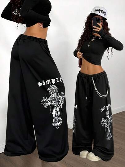 StreetHx Pantalón de chándal suelto con estampado punk negro de moda callejera para mujer